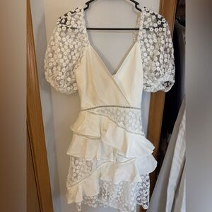 White Selfie Leslie dress, open back, flowers.